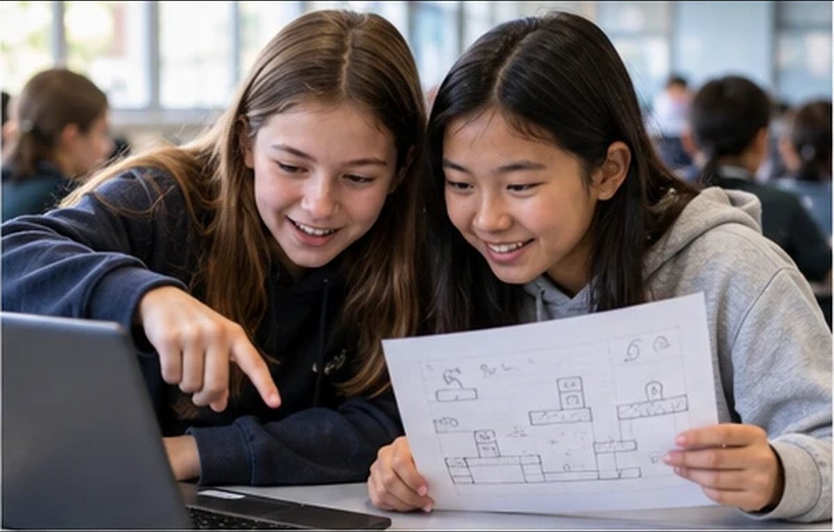 Two girls building a game together