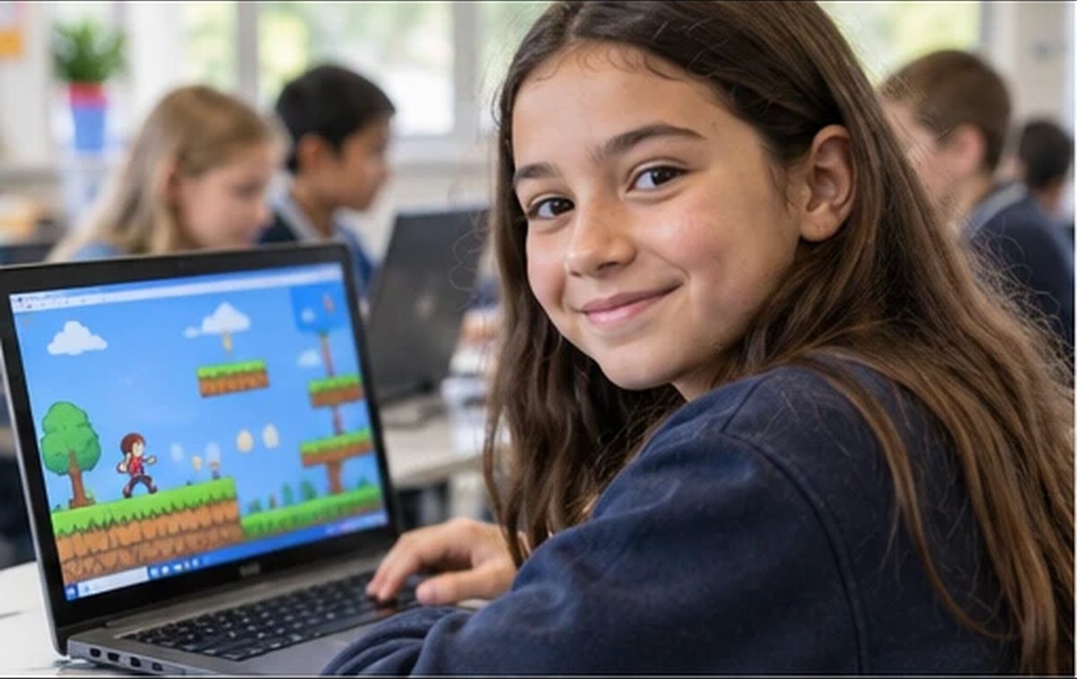 A girl at a laptop with a game she built on the screen