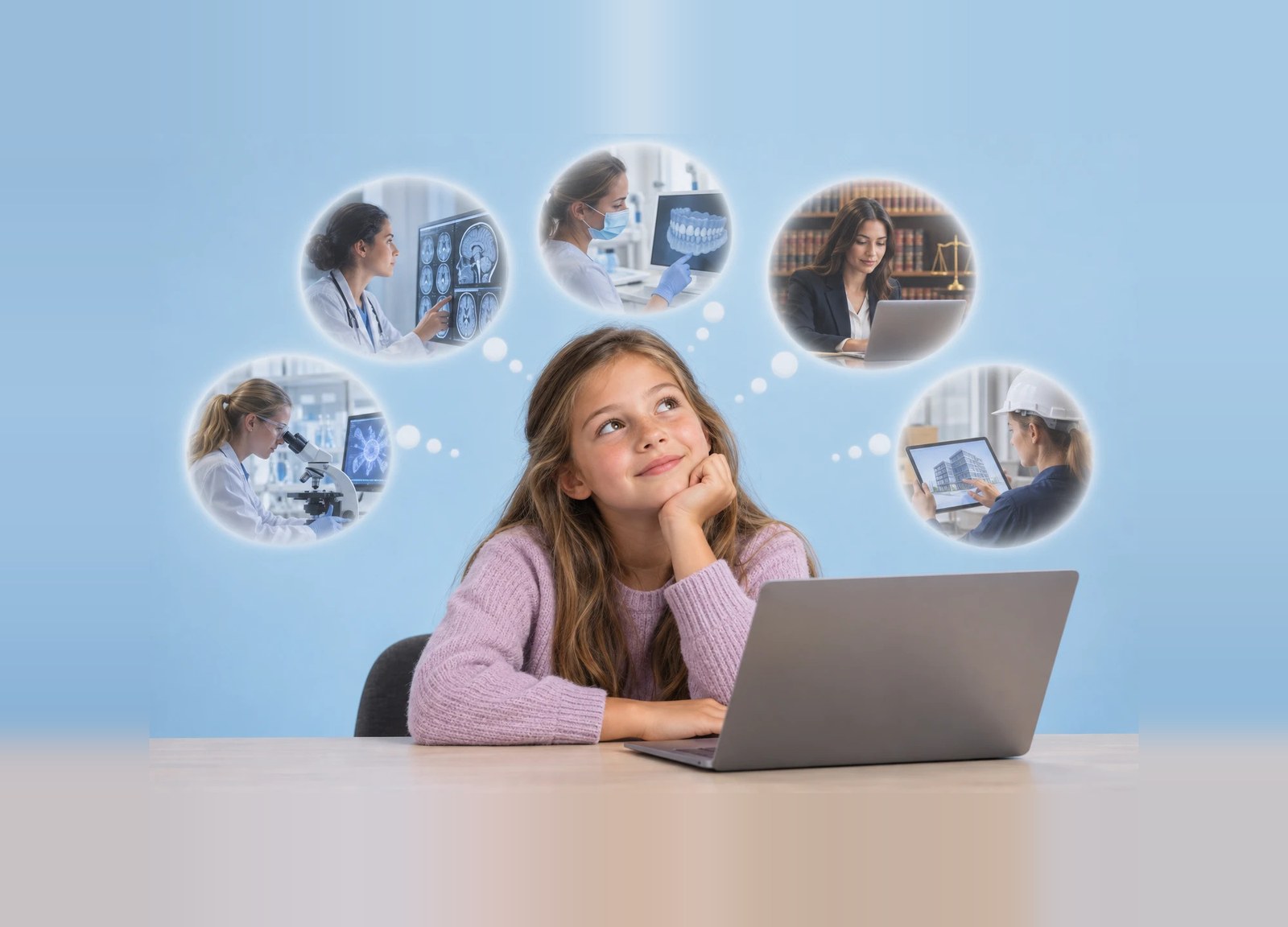 A girl at a laptop imagining herself as a doctor, a dentist, a lawyer, a scientist and an engineer