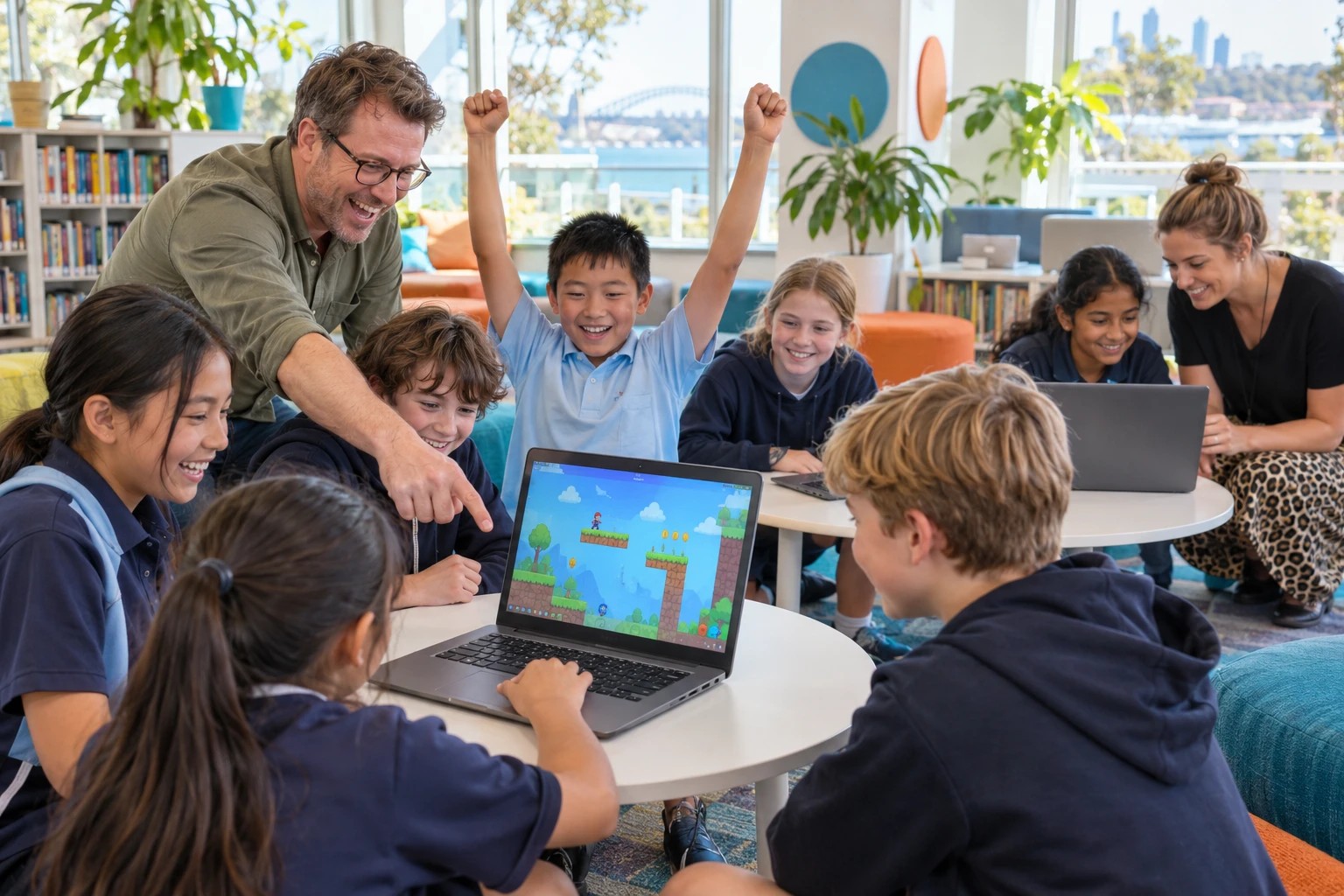 Students cheering around a laptop during a coding incursion, with two teachers helping
