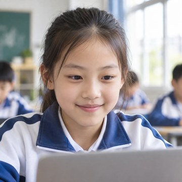 A primary school student in China at a laptop
