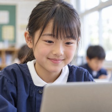 A primary school student in Japan at a laptop