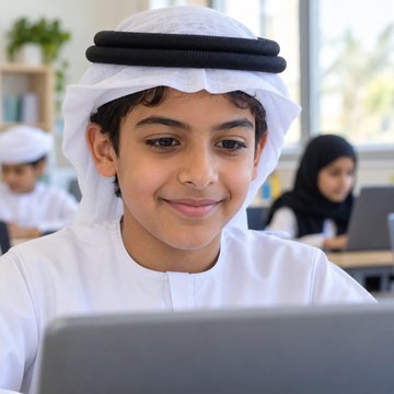 A primary school student in United Arab Emirates at a laptop