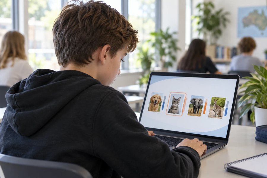 Student watching an image recogniser sort photographs of animals on a laptop