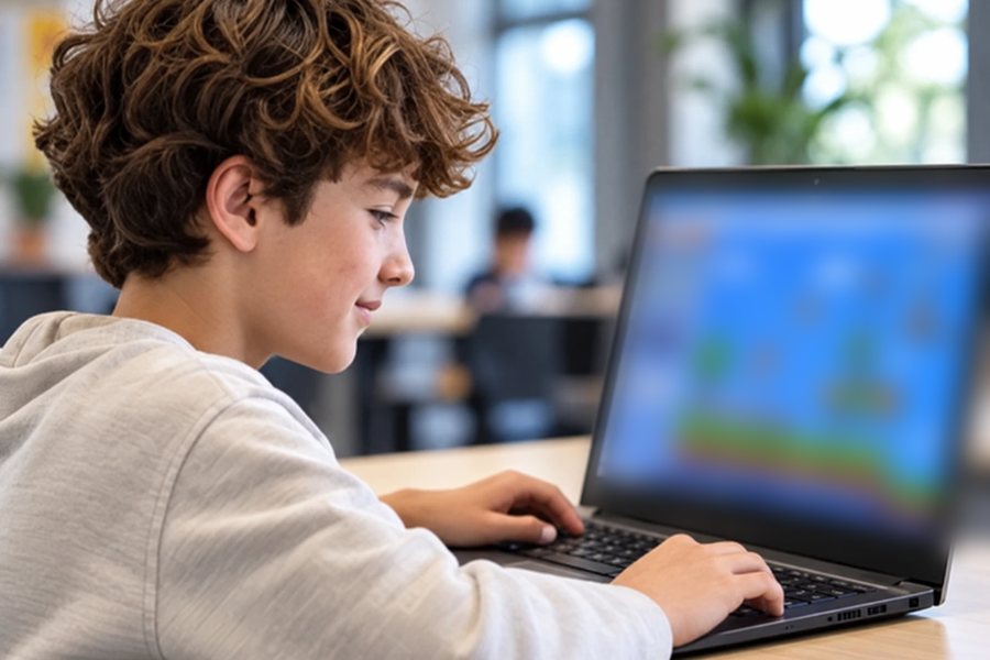 Student writing code on a laptop