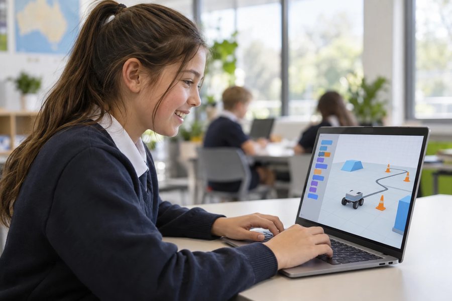 Student coding a simulated robot that drives around cones on a laptop screen