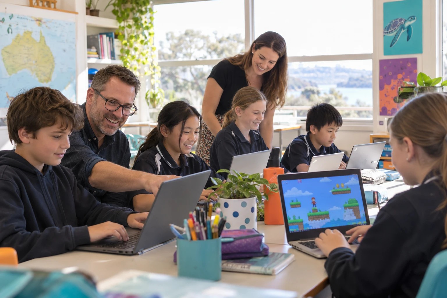 Two teachers helping a small group of students code a game at laptops