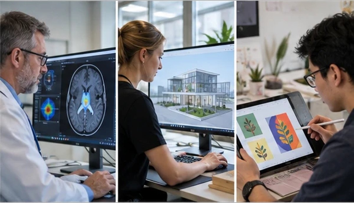 A doctor, an architect and a designer each working with AI tools