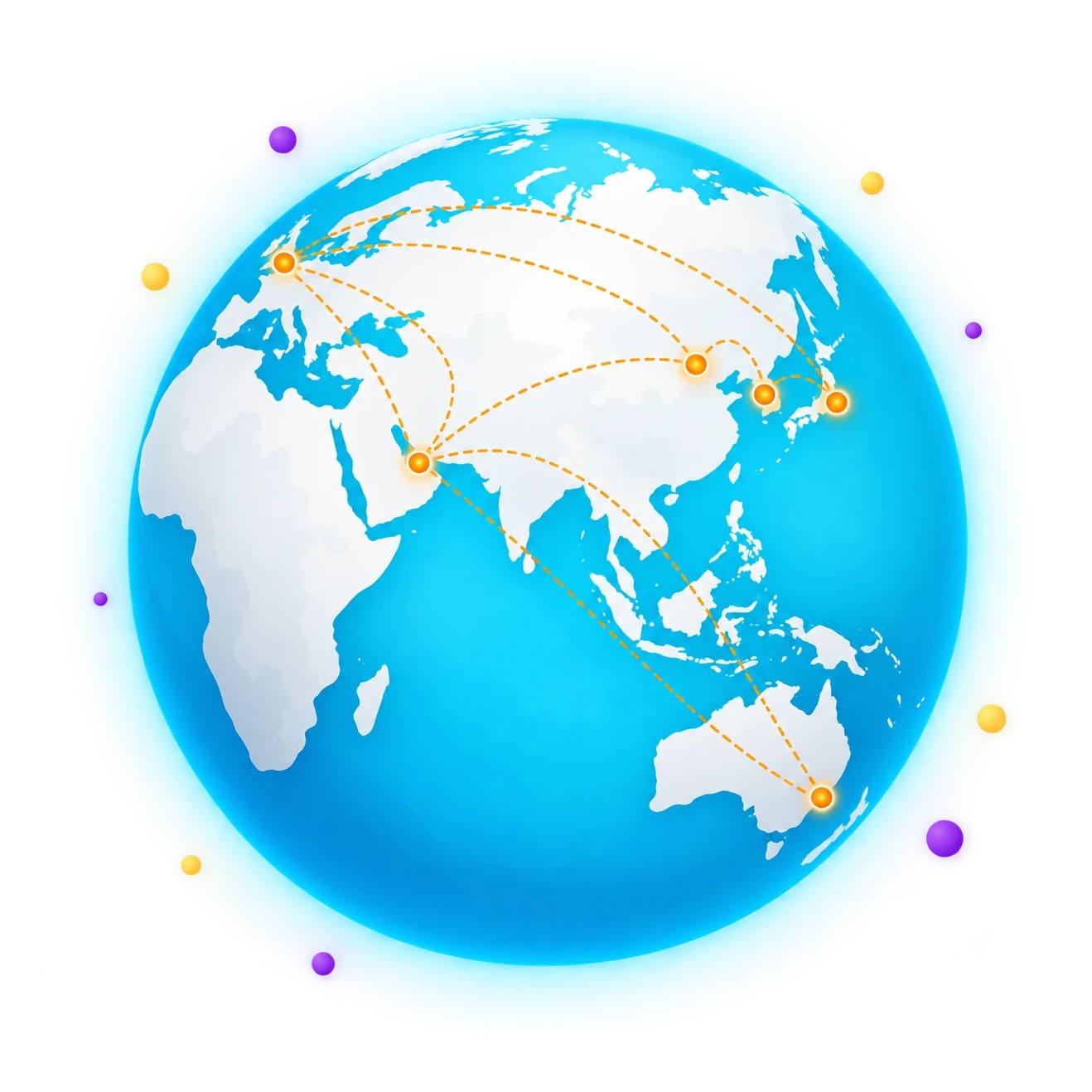 A globe with pins on London, Dubai, Beijing, Seoul, Tokyo and Sydney joined by dashed lines
